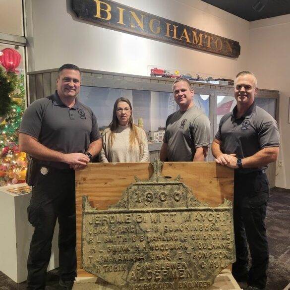 Historic bridge placard recovered from susquehanna river by ny state police underwater team - photo licensed by shore news network.