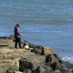 A guy fishing for tautog and striped bass off the rocks in the cold by the bay near Atlantic City,