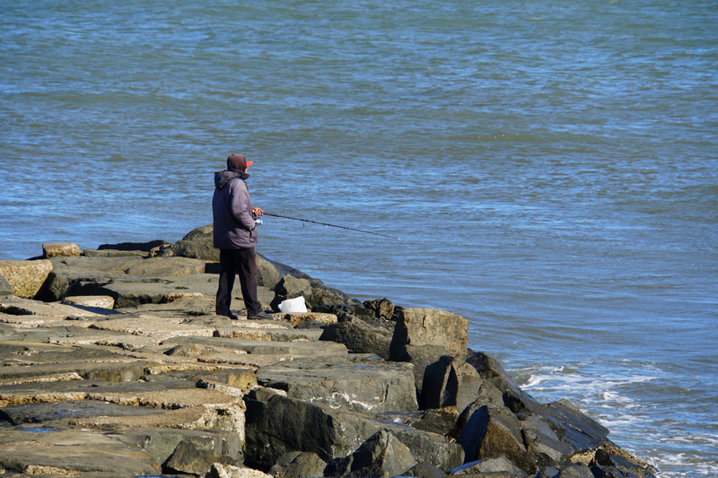 A guy fishing for tautog and striped bass off the rocks in the cold by the bay near Atlantic City,