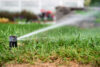 Automatic sprinkler system watering the lawn on a background of green grass, close-up.