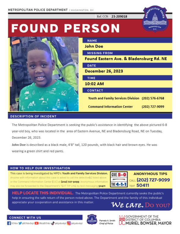 Authorities in D.C. Look for Family of Boy, 6-8 Years Old