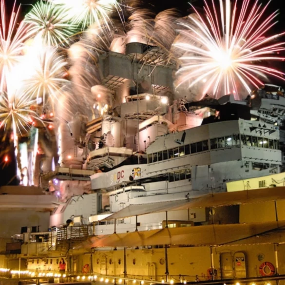 Watch fireworks from the deck of the battleship u. S. S. New jersey on new year's eve - photo licensed by shore news network.