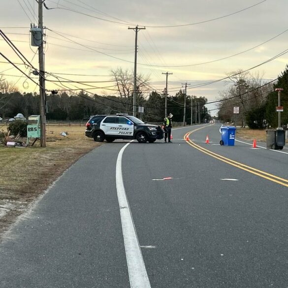 Down utility pole forces closure of route 539 in stafford township - photo licensed by shore news network.
