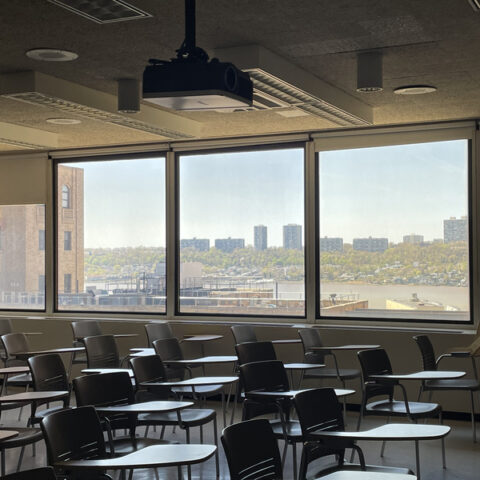 Empty classroom with view of the hudson river