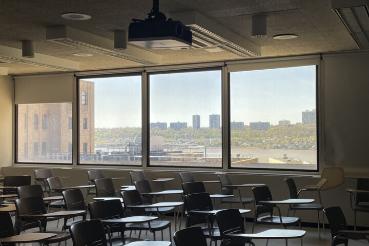Empty classroom with view of the Hudson River