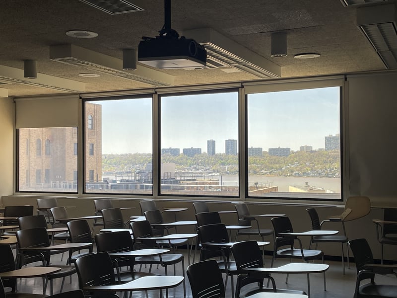 Empty classroom with view of the Hudson River
