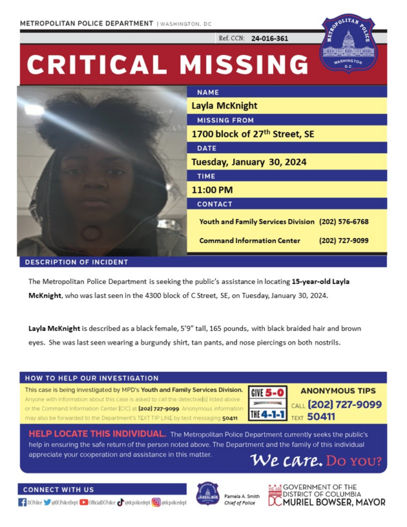 15-Year-Old Girl Critically Missing In D.C.