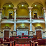 A view of the Maryland State Senate chamber in the historic Maryland State House in Annapolis, Maryland, the oldest US state capitol building in continuous use.