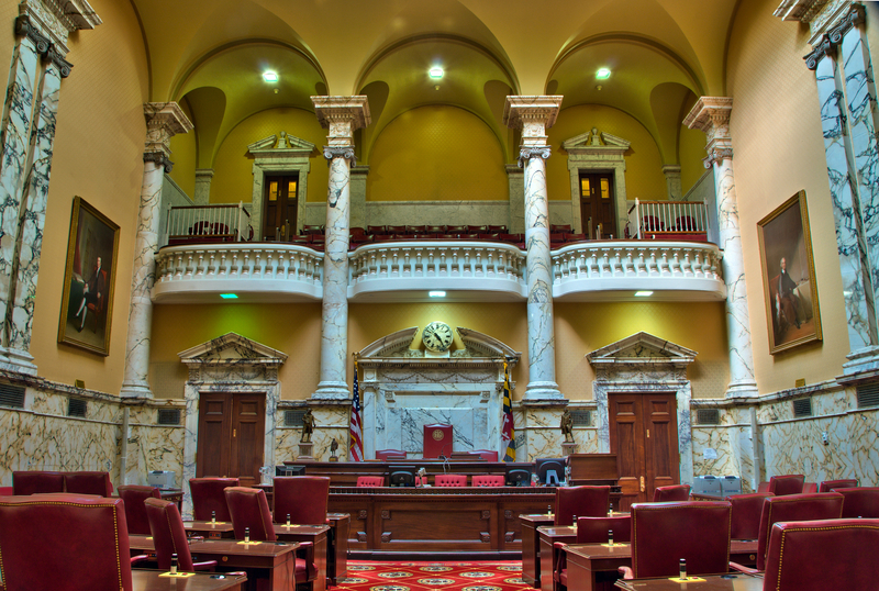 A view of the Maryland State Senate chamber in the historic Maryland State House in Annapolis, Maryland, the oldest US state capitol building in continuous use.