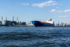 Bayonne, NJ / United States - July 9, 2017: Landscape image of the CPO Norway, a tanker, tied up to a fuel facility in Bayonne,