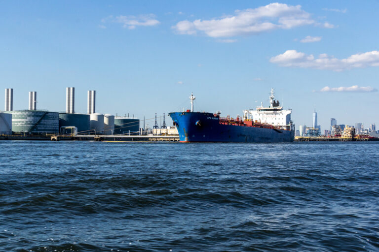 Bayonne, nj / united states - july 9, 2017: landscape image of the cpo norway, a tanker, tied up to a fuel facility in bayonne,