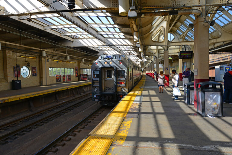 Nj transit locomotive at newark station, new jersey. Nj transit locomotive bombardier multilevel coach at newark penn station, new jersey, usa.