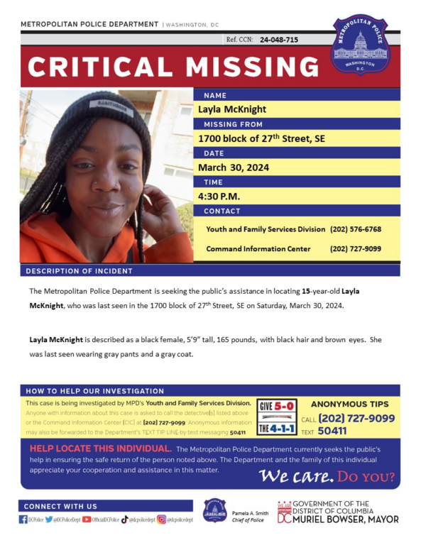 15-Year-Old Girl Reported Missing in Southeast D.C.