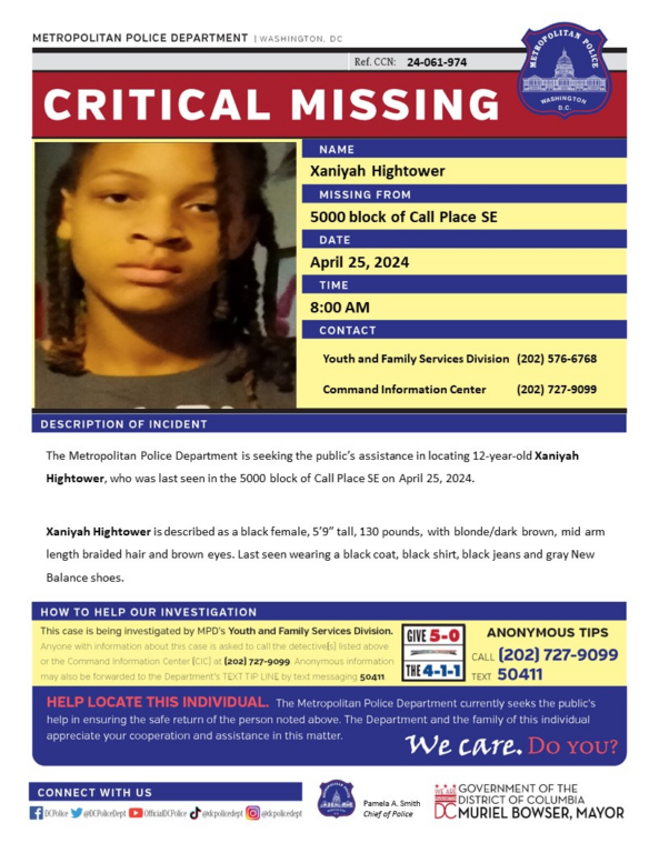 12-Year-Old Girl Reported Critically Missing In D.C. 12-Year-Old Girl Reported Critically Missing In D.C.