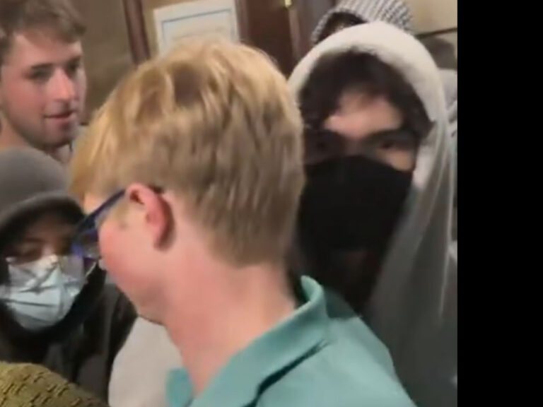 Radical pro-hamas protesters forcibly try to remove jewish students at columbia - photo licensed by shore news network.