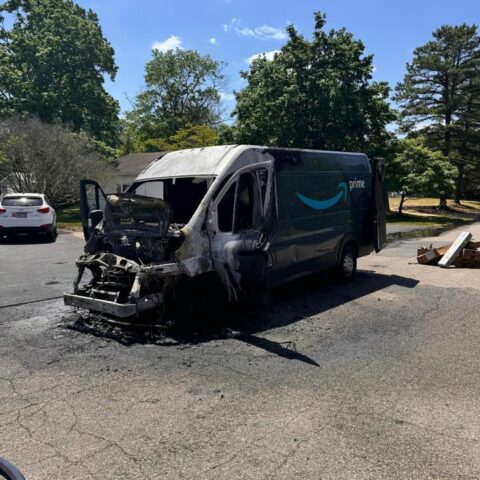 Fire engulfs amazon delivery van in manchester - photo licensed by shore news network.