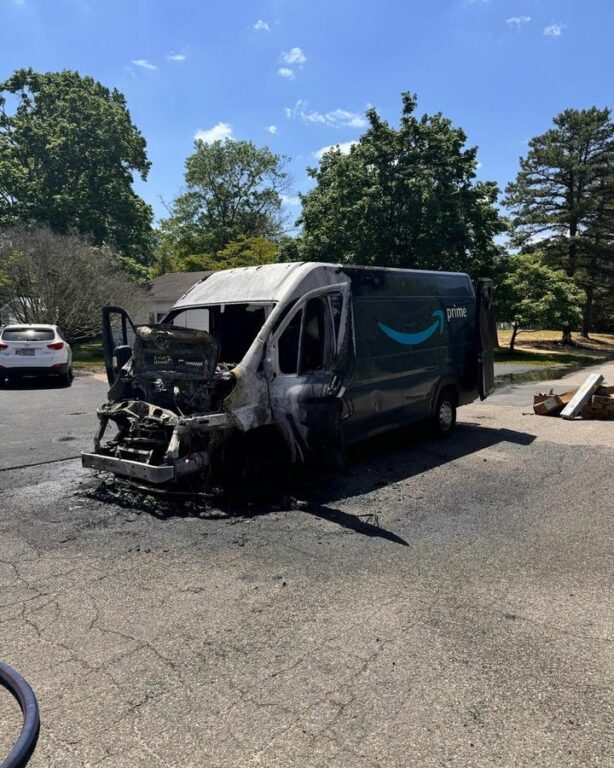 Fire Engulfs Amazon Delivery Van in Manchester