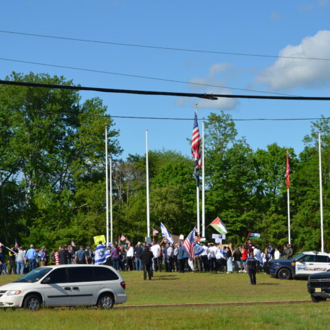 Chants of usa, american flags, too much for anti-israeli protesters at jackson war memorial - photo licensed by shore news network.