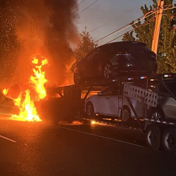 Car carrier catches fire in south jersey - photo licensed by shore news network.