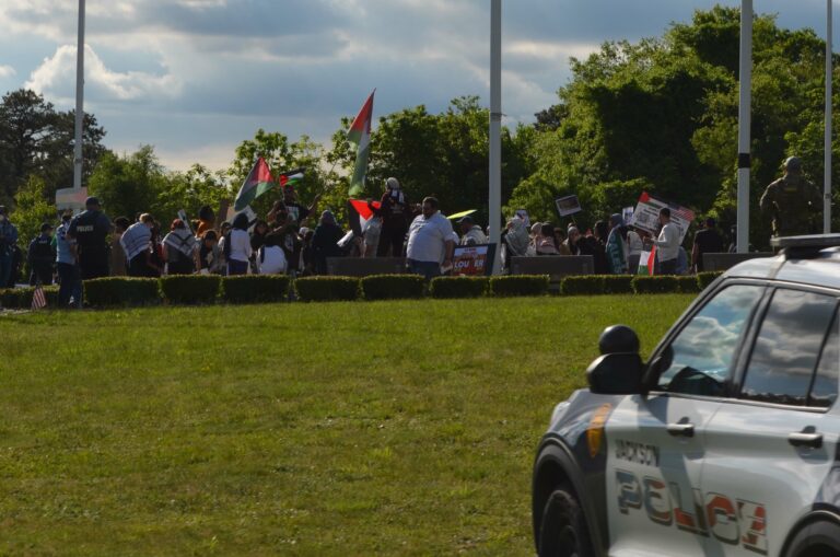 Pro-palestine protesters takeover hallowed ground of new jersey war and veterans memorial - photo licensed by shore news network.