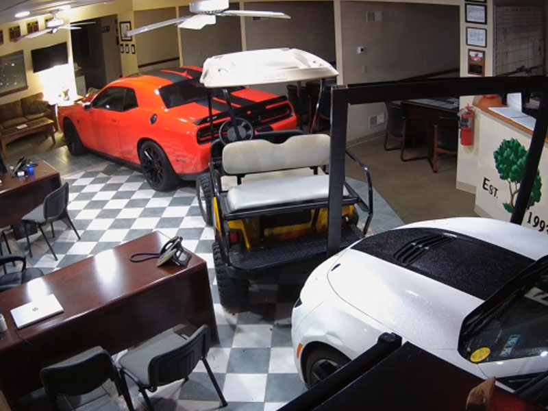 Watch: Burglars Drive Chevy Camaro Into Showroom to Steal Dodge Hellcat