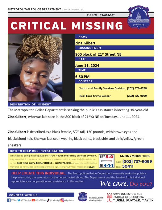 15-Year-Old-Girl Reported Critically Missing In D.C. 15-Year-Old-Girl Reported Critically Missing In D.C.