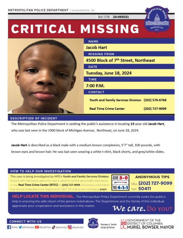 13-Year-Old Boy Reported Critically Missing in D.C.