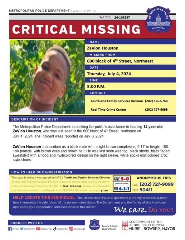 14-Year-Old Boy Missing Since July 4th in Northeast D.C.