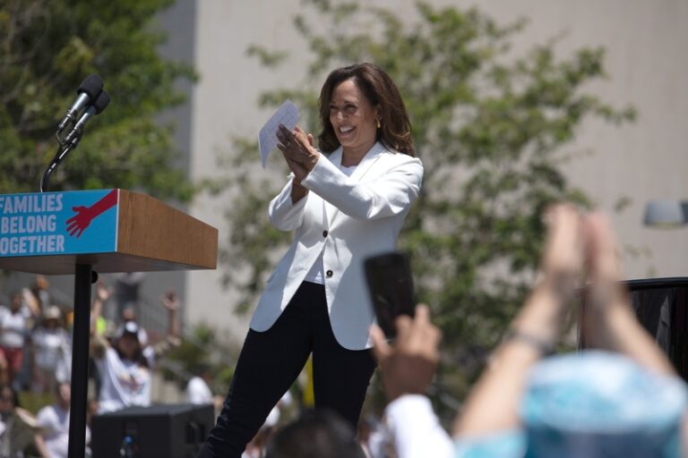 Kamala harris flips on id stance, demands rally attendees show identification to get in - photo licensed by shore news network.