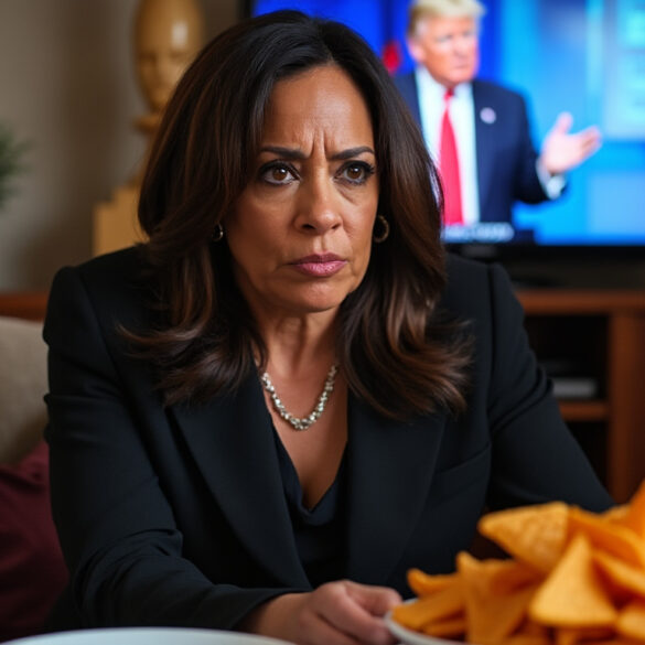 Ai generated meme of kamala harris (depiction) watching trump on televison.