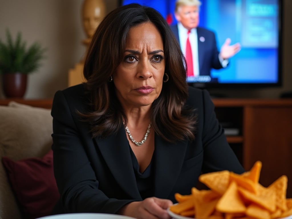 AI Generated MEME of Kamala Harris (depiction) watching Trump on televison.