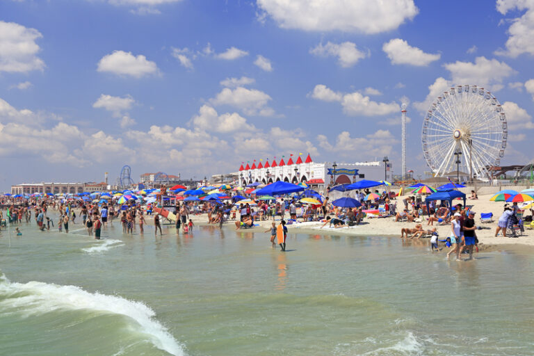 Ocean city beach, new jersey, usa. People enjoy the beach along the coastline in ocean city, new jersey, usa