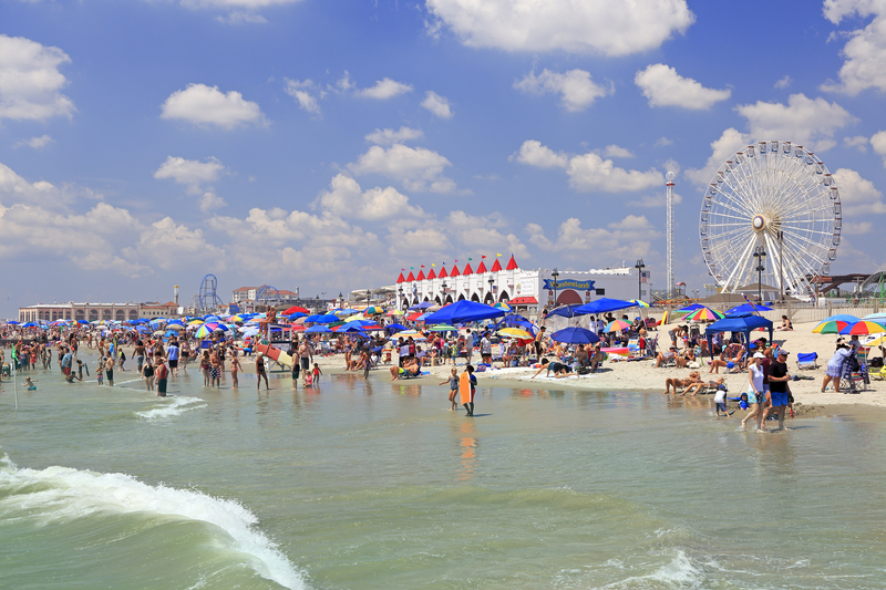 Ocean City beach, New Jersey, USA. People enjoy the beach along the coastline in Ocean City, New Jersey, USA