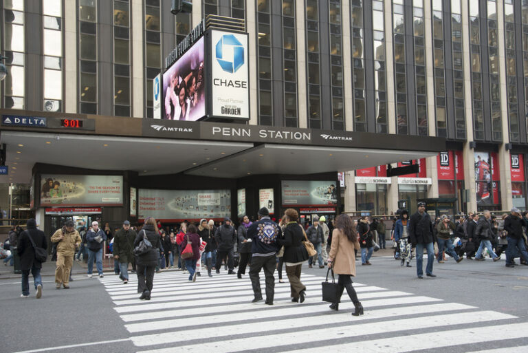 Passengers outside penn station new york. Penn station at madison garden square manhattan new york