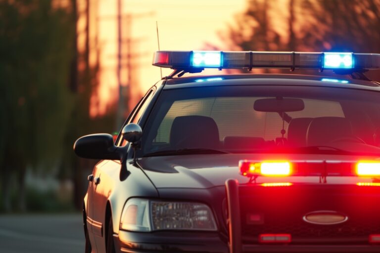 Police car with flashing lights.