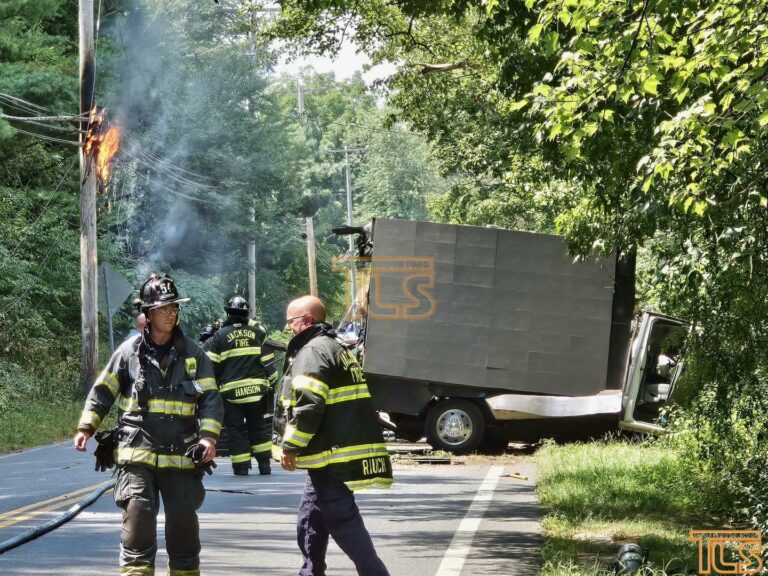 Major crash in jackson township: overturned truck and utility polefire - photo licensed by shore news network.