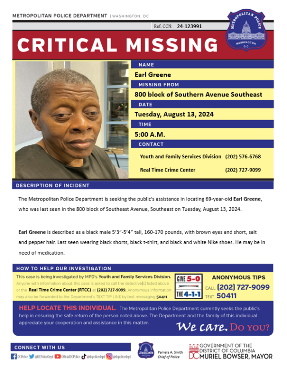 Missing 69-Year-Old Man Needing Medication Disappears in D.C. Missing 69-Year-Old Man Needing Medication Disappears in D.C.