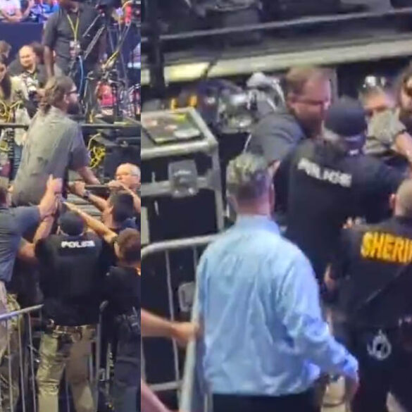Aggressive protester stopped by police as he rushed toward stage at trump pennsylvania rally - photo licensed by shore news network.
