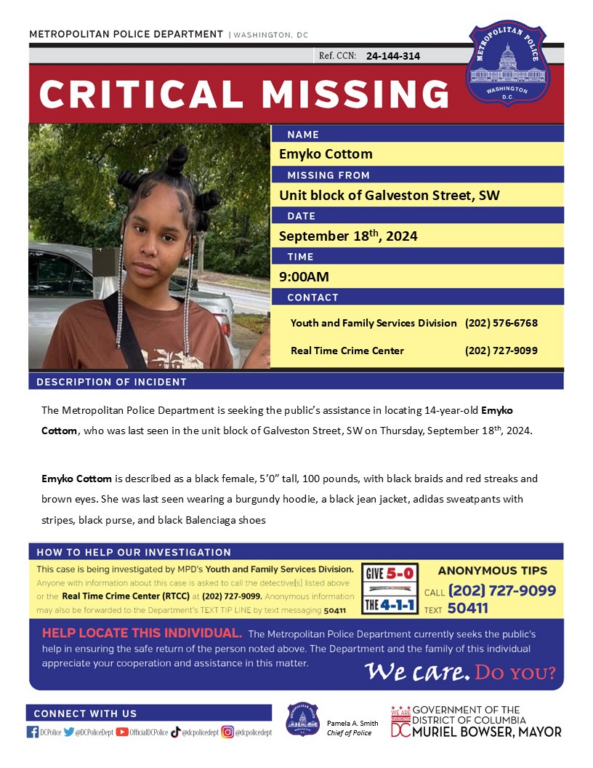 14-year-old girl reported critically missing in D.C. 14-year-old girl reported critically missing in D.C.