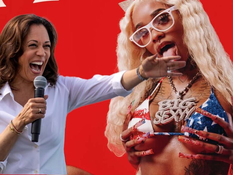 Kamala harris plays perverted, sexist, and racist bow wow wow song at rally - photo licensed by shore news network.