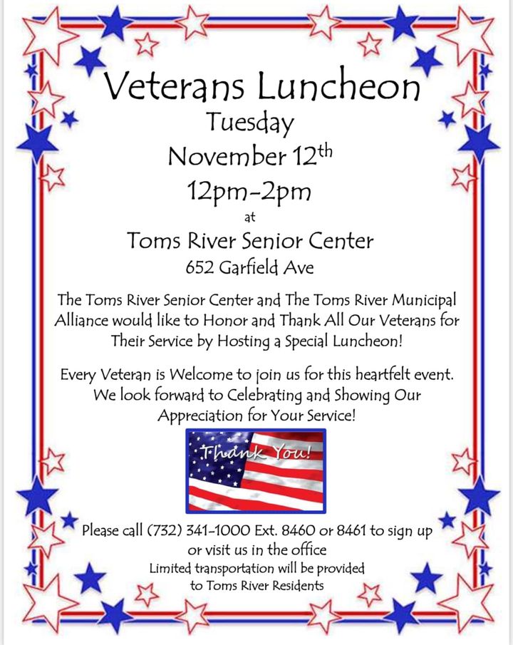 Toms River Senior Center to Host Veterans Luncheon For America's Heroes