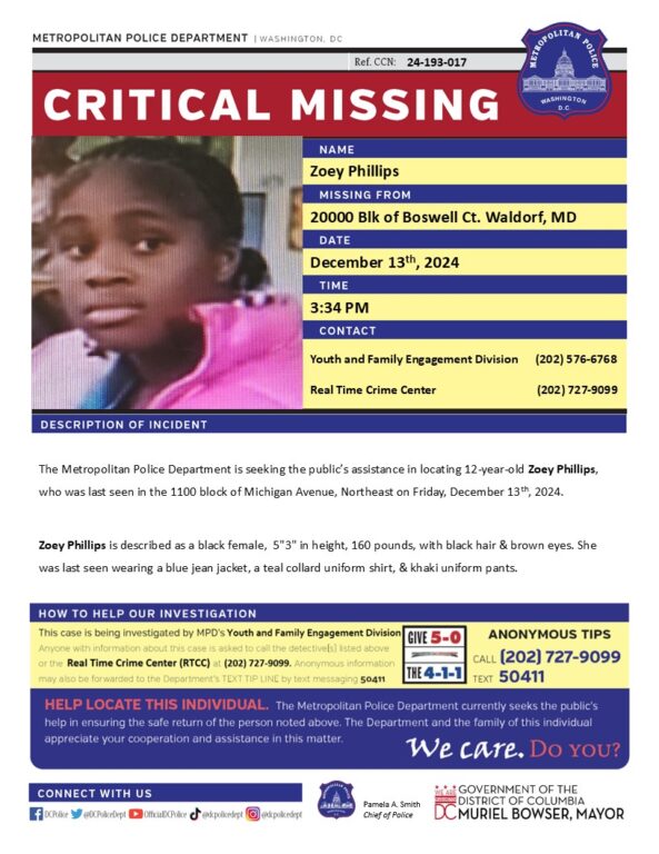 12-year-old girl reported critically missing in DC