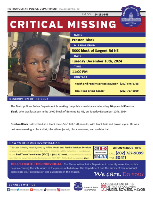 Search underway for missing 16-year-old last seen on Benning Road in Northeast DC