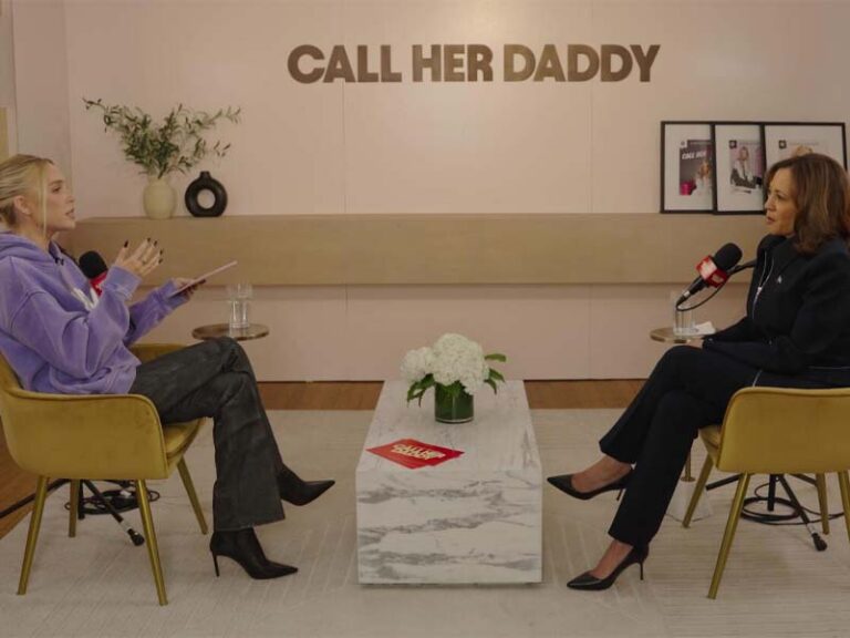 Call her daddy drags kamala harris, saying $100,000 set was not-so-nice cardboard walls in some random house - photo licensed by shore news network.