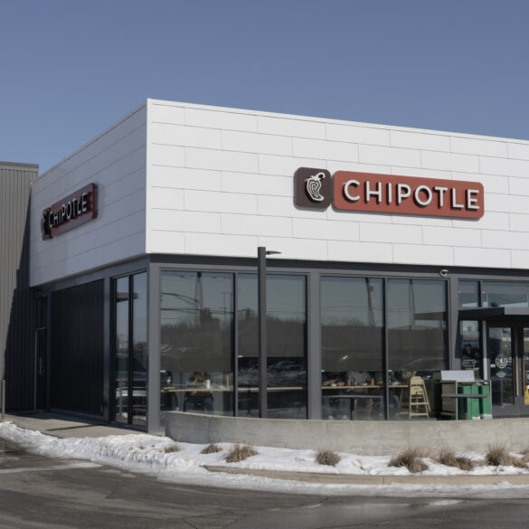: chipotle mexican grill restaurant in snow. Chipotle is a chain of burrito and taco bowl restaurants