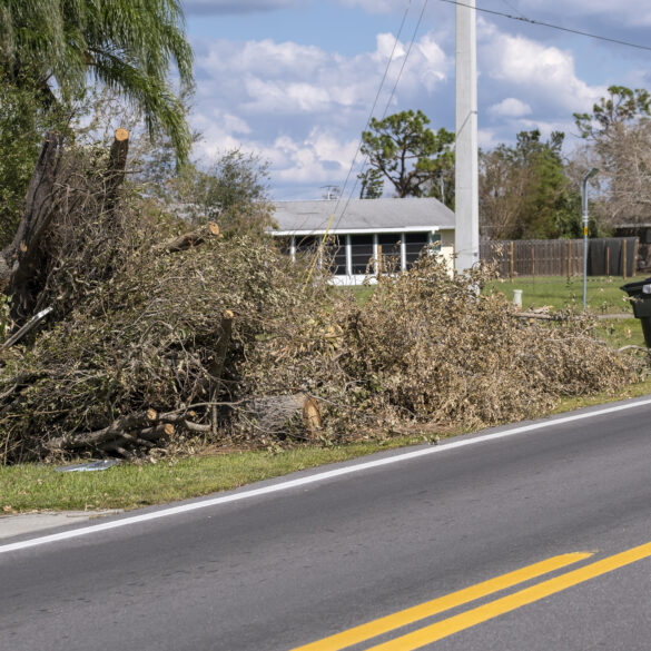 Cut down and fallen trees branches disposed in heaps on street side
