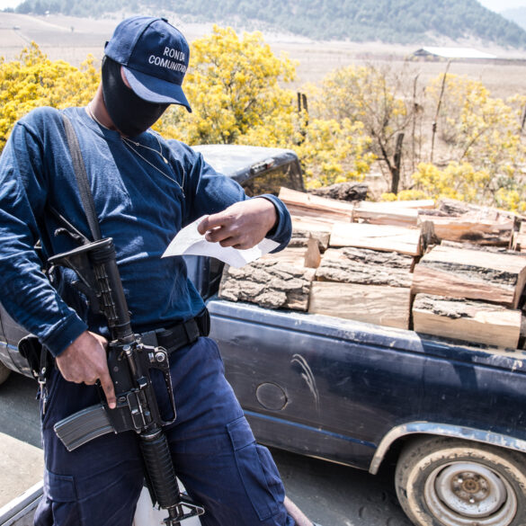 Member of the volunteer security force che. A member of the volunteer self defense force checks a firewood collection permit. In the wake of an uprising to stop cartels from illegally logging their forest.