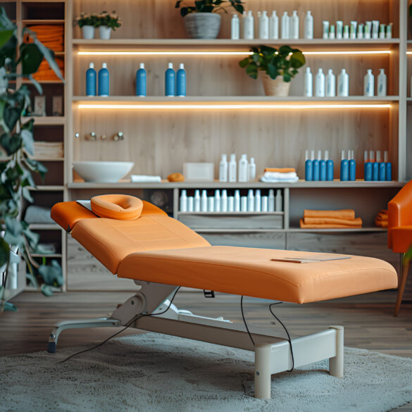 Interior of new beauty salon with spa massage table and set of skincare products ready for use.