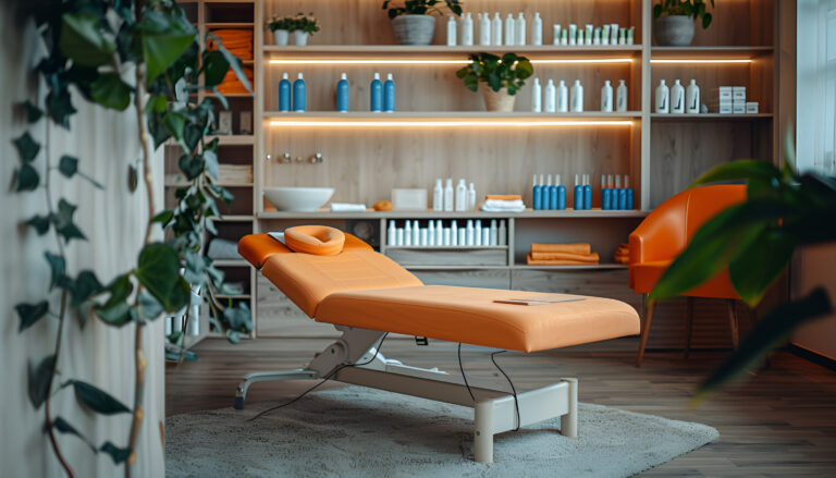 Interior of new beauty salon with spa massage table and set of skincare products ready for use.