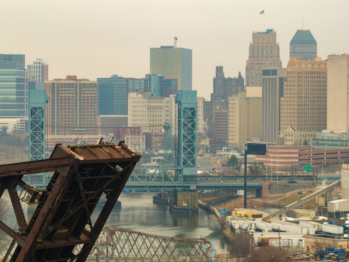 Newark, NJ. Aerial of Newark, NJ and NX Bridge over the Passaic River